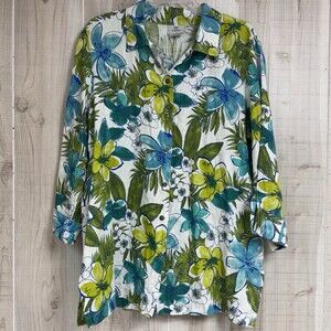 Vtg Womens Tropical Floral Top Linen Blouse Button Up V Neck 3/4 Sleeve Travel L
